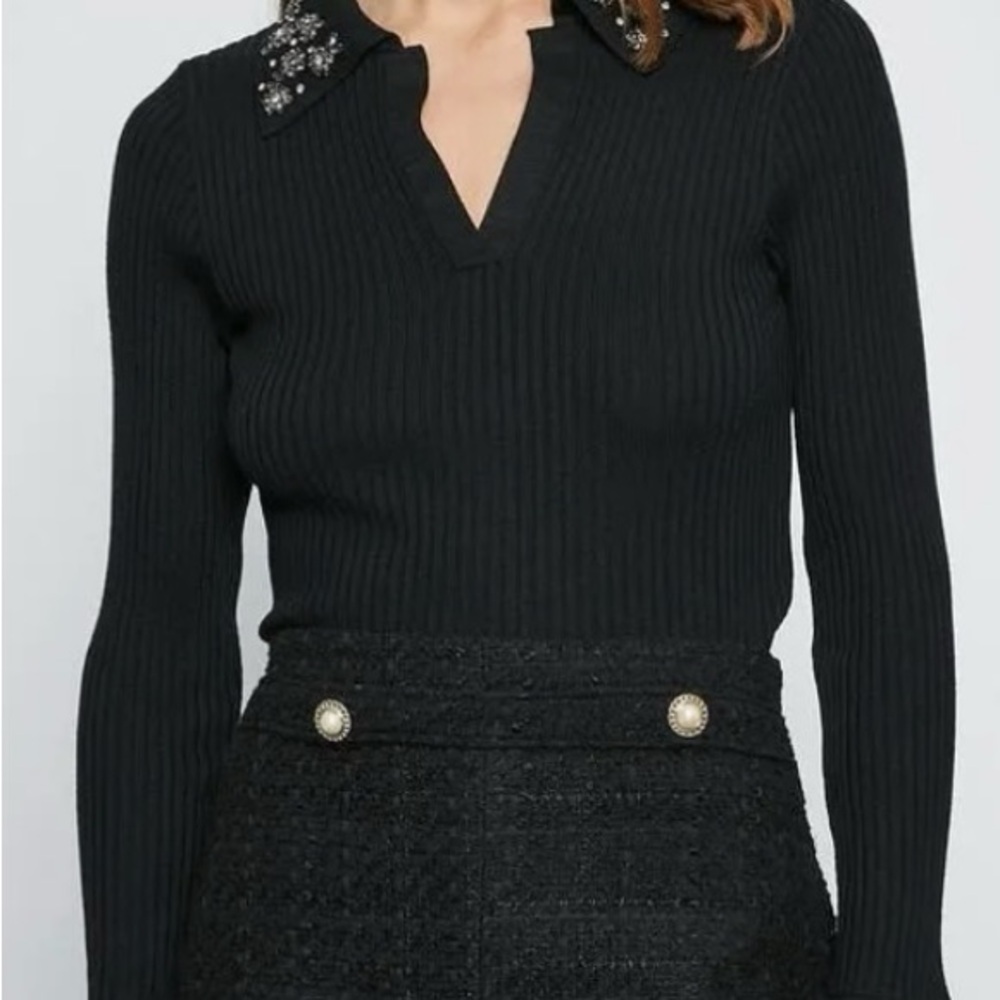 Black Ribbed Sweater with Embellished Collar